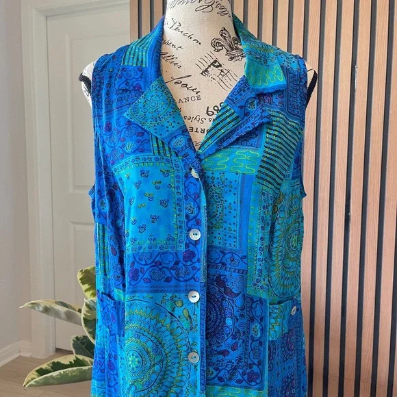 Scarlett Paisley Patchwork Maxi Dress Button Front Sleeveless Blue Size 14 - Picture 2 of 8